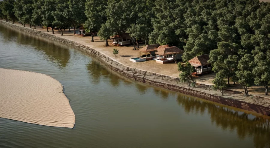 Arial view of Four chalets with a spectacular view of the Luangwa river, South Luangwa National Park, Eastern Zambia