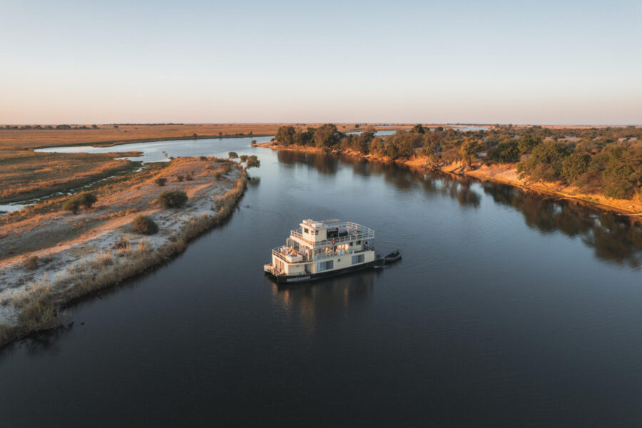 Chobe Princess Houseboat coming into mooring at Serondela, Chobe River, Botswana