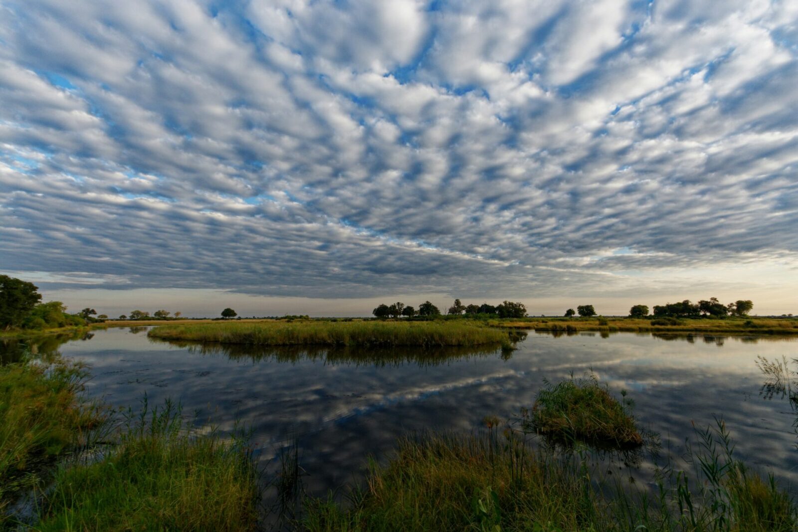 Okavango Delta landscape with waterways, grassy islands, and wetlands under a cloudy sky in Botswana