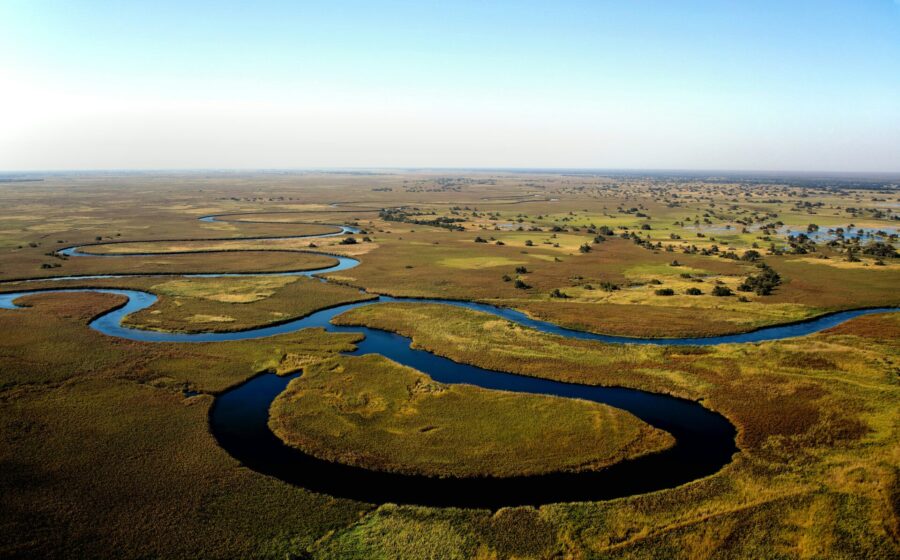 Aerial view of the Okavango Delta's winding waterways, Botswana